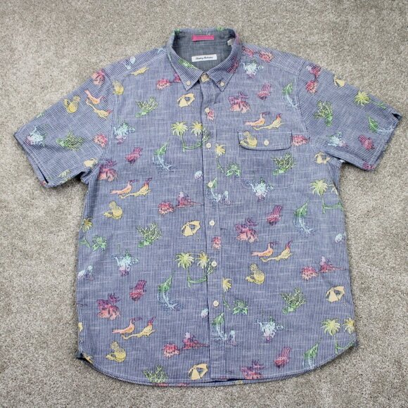 Tommy Bahama Reverse Print Shirt Mens Large Blue Hawaiian Cotton/Tencel S/S - Picture 1 of 14